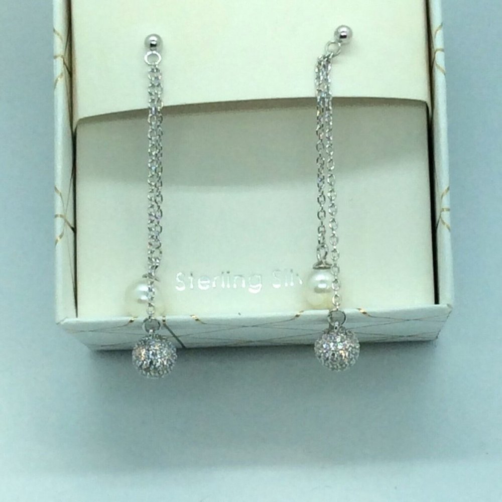 Simply Silver Drop chain‎ dangle Earrings Faux Pearls Sterling Silver